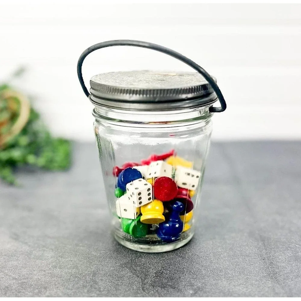 Vintage‎ Board Game Pieces in Mason Jar: Trinket Shelf Decor